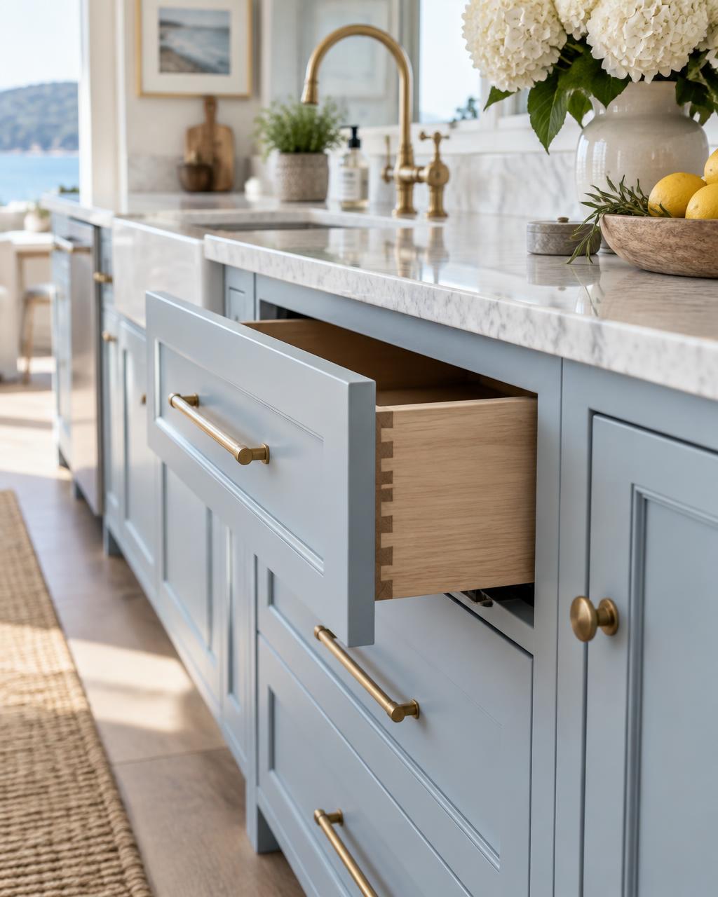 Detail of beachy blue cabinetry with brass hardware and dovetailed drawer