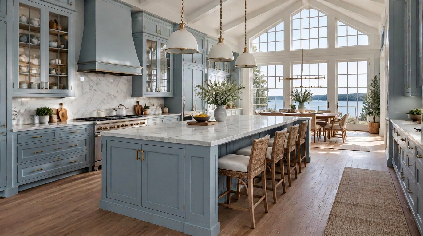 Large coastal kitchen with beachy blue painted cabinetry and white marble island